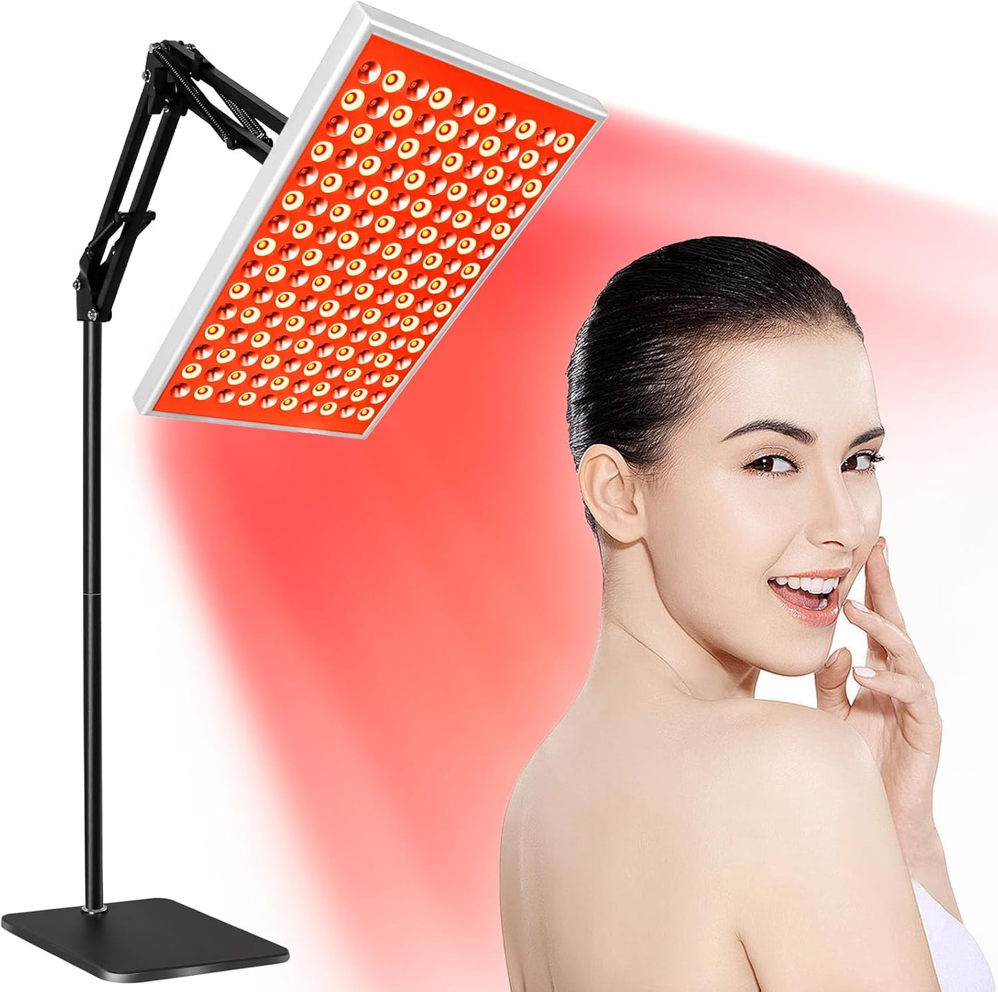 Model using DUGSDG Infrared Light Therapy Panel showcasing targeted red and near-infrared light benefits for radiant skin and wellness.