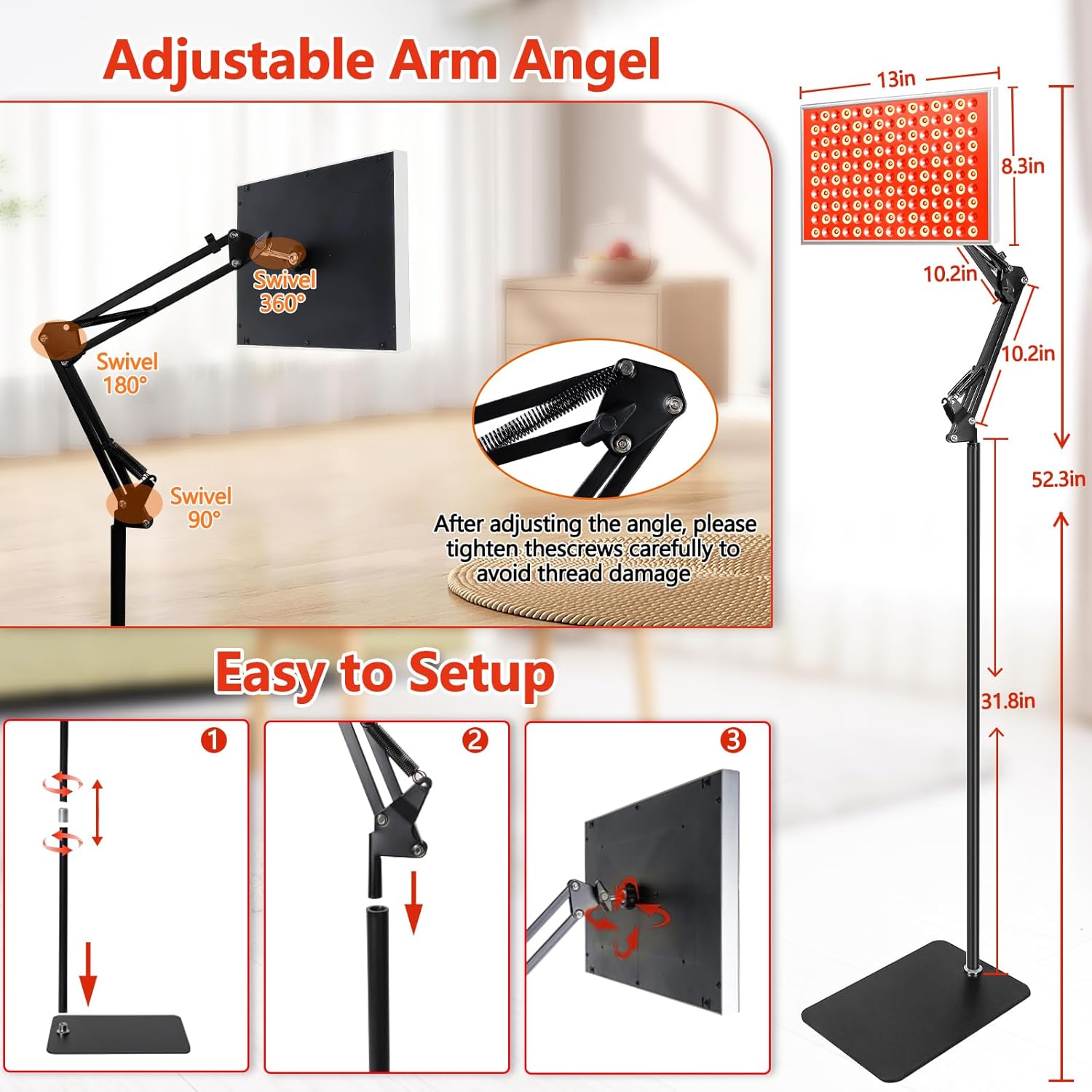 Adjustable arm and easy setup of DUGSDG Infrared Light Therapy Panel, perfect for customized home therapy.