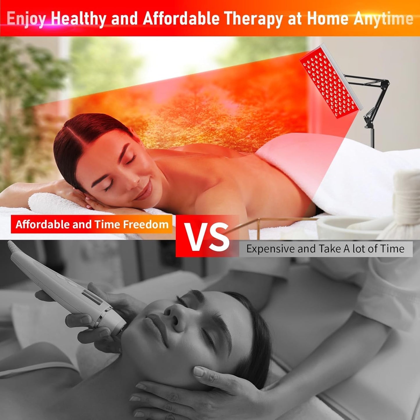 Comparison of affordable DUGSDG Infrared Light Therapy Panel versus expensive spa treatments for home convenience.